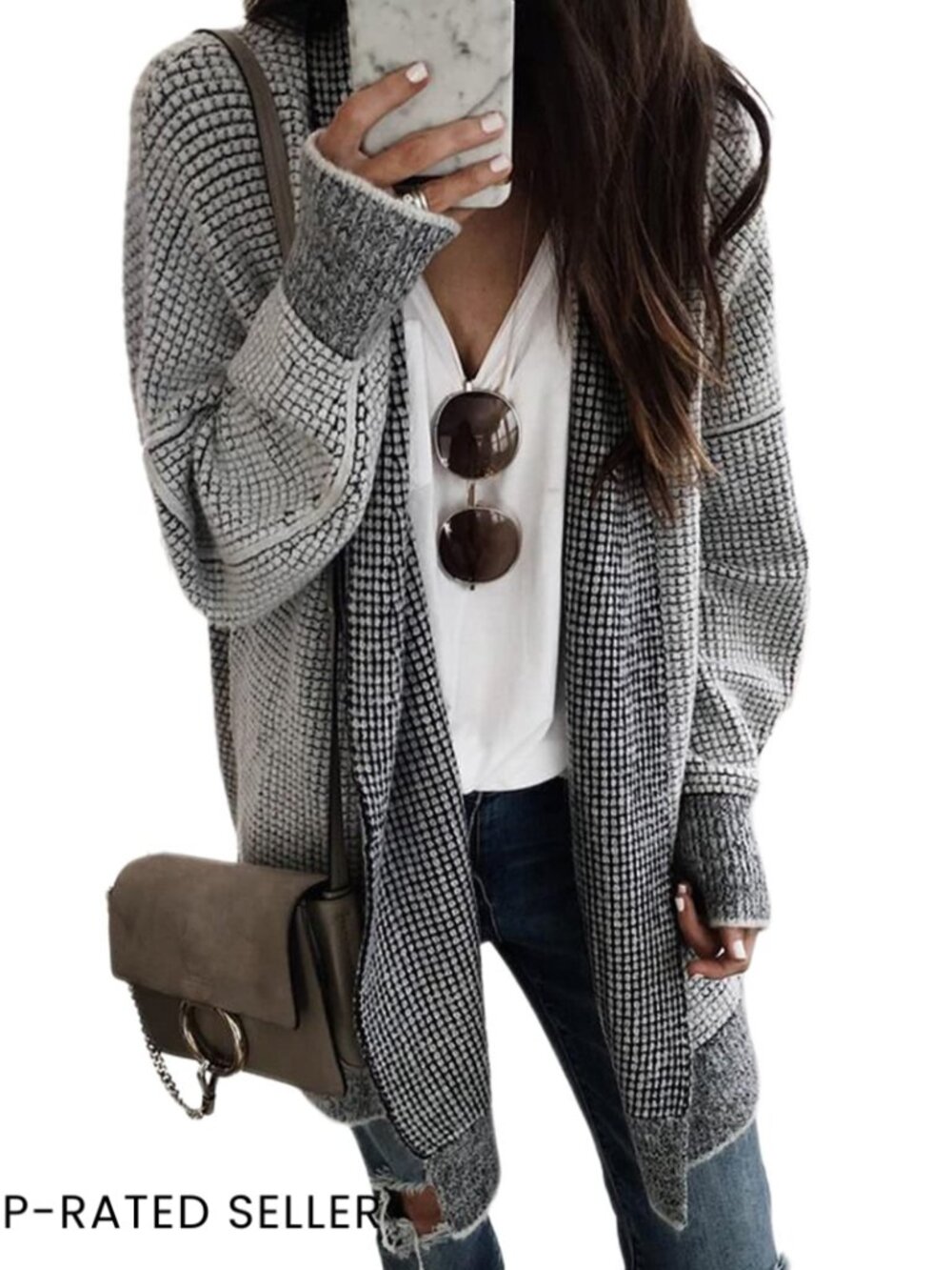 Oversized Chunky Knit Cardigan Sweater Long Sleeve Open Front Checkered